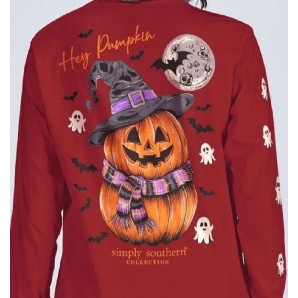 New Simply Southern Long Sleeve "HEY PUMPKIN" Tee T-Shirt Maroon Ghosts Hat XL - Picture 2 of 10
